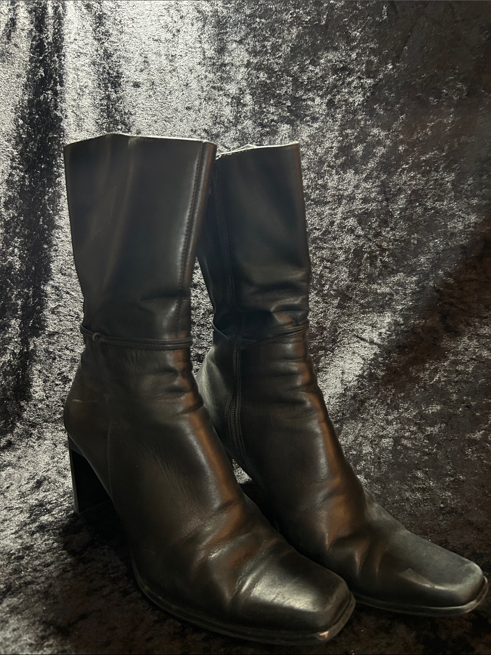 Black Mid-Calf Leather Heeled Boots - Women Size 10